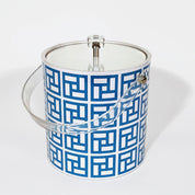 Clear ice bucket with blue geometric pattern on a white background