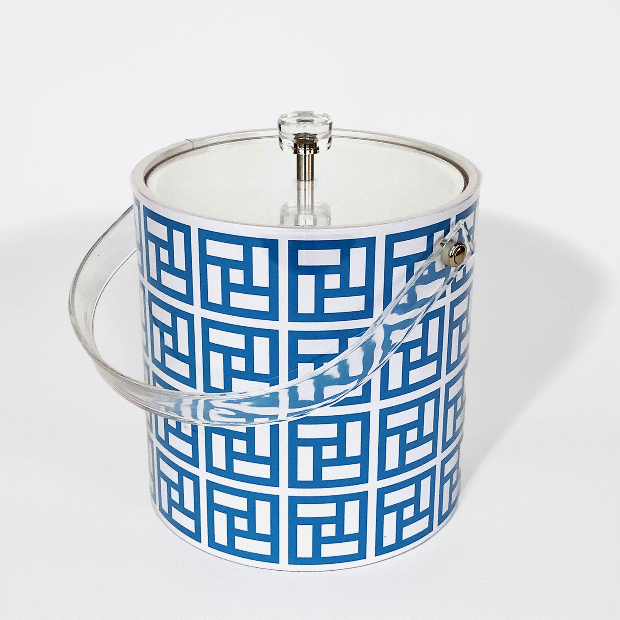 Clear ice bucket with blue geometric pattern on a white background