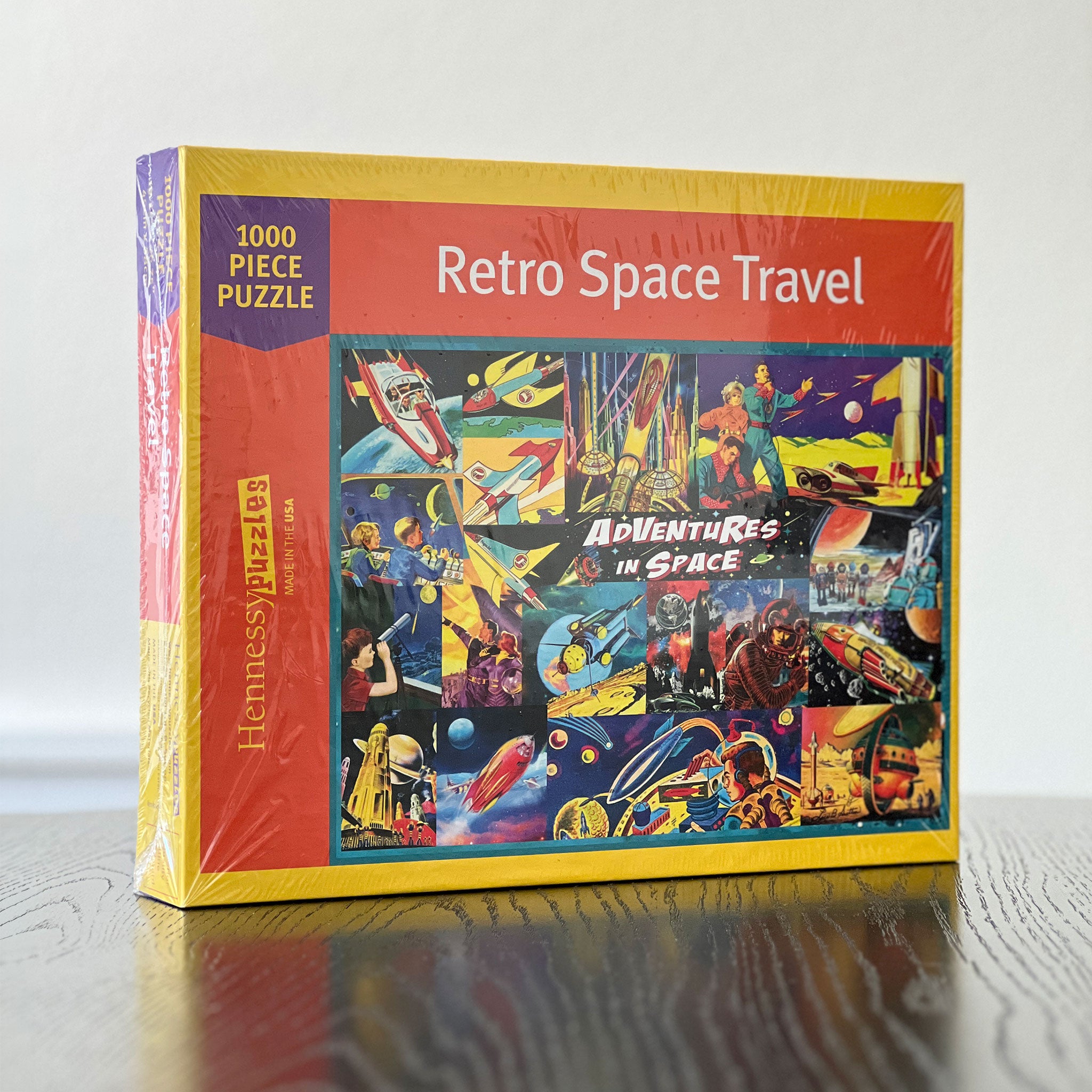 Puzzle box titled 'Retro Space Travel' with colorful space-themed design on a wooden surface.