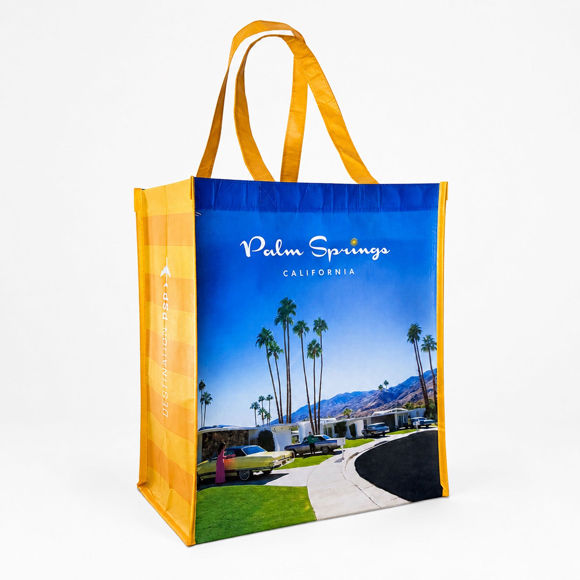 Reusable shopping bag with Palm Springs, California design on a white background
