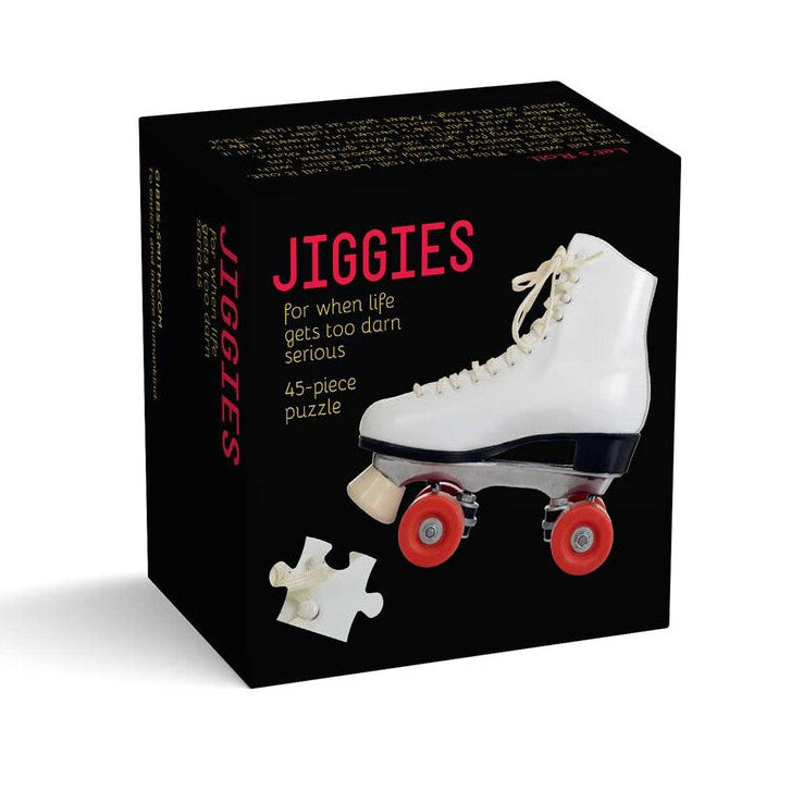 Jiggies puzzle box with a roller skate design on a white background