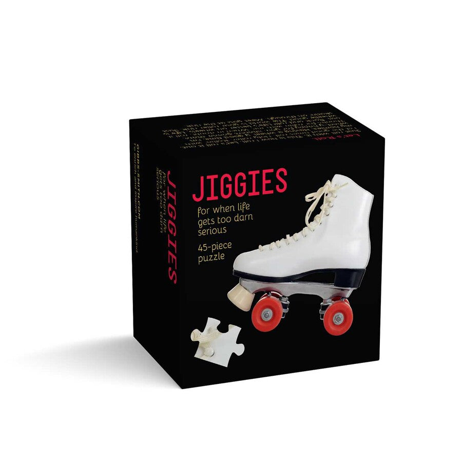 Jiggies puzzle box with a roller skate design on a white background