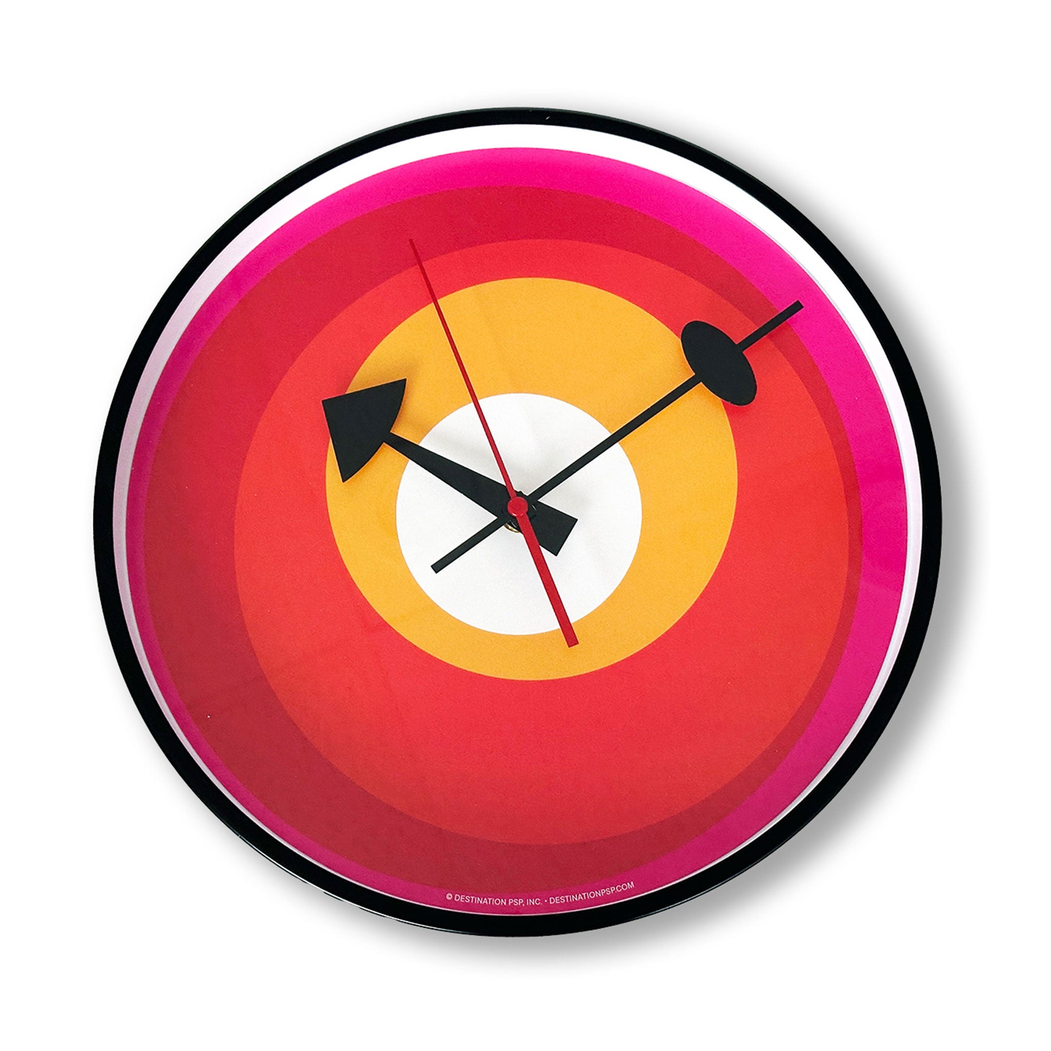 Mod wall clock with no numbers but just red, yellow, pink and white circles
