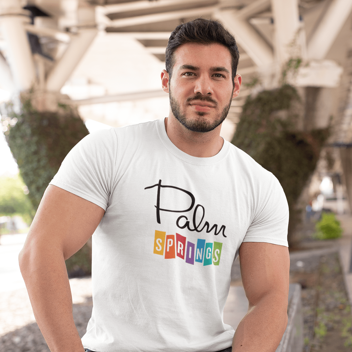 Unisex T-shirt - Palm Springs Rainbow - White - Destination PSP