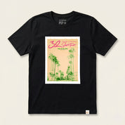 Black t-shirt with a graphic design on a beige background
