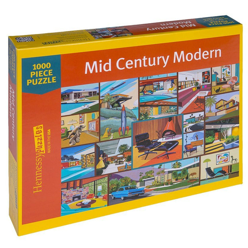 A puzzle box for a 1000 piece jigsaw puzzle featuring mid-century modern design images.