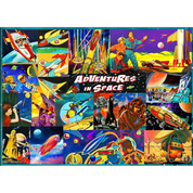 A colorful jigsaw puzzle featuring various space-themed illustrations, including rockets, planets, and space suits.