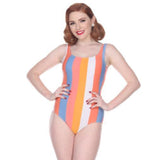 Bettie Page Striped One-Piece Tank Swimsuit B01170 - Sherbet