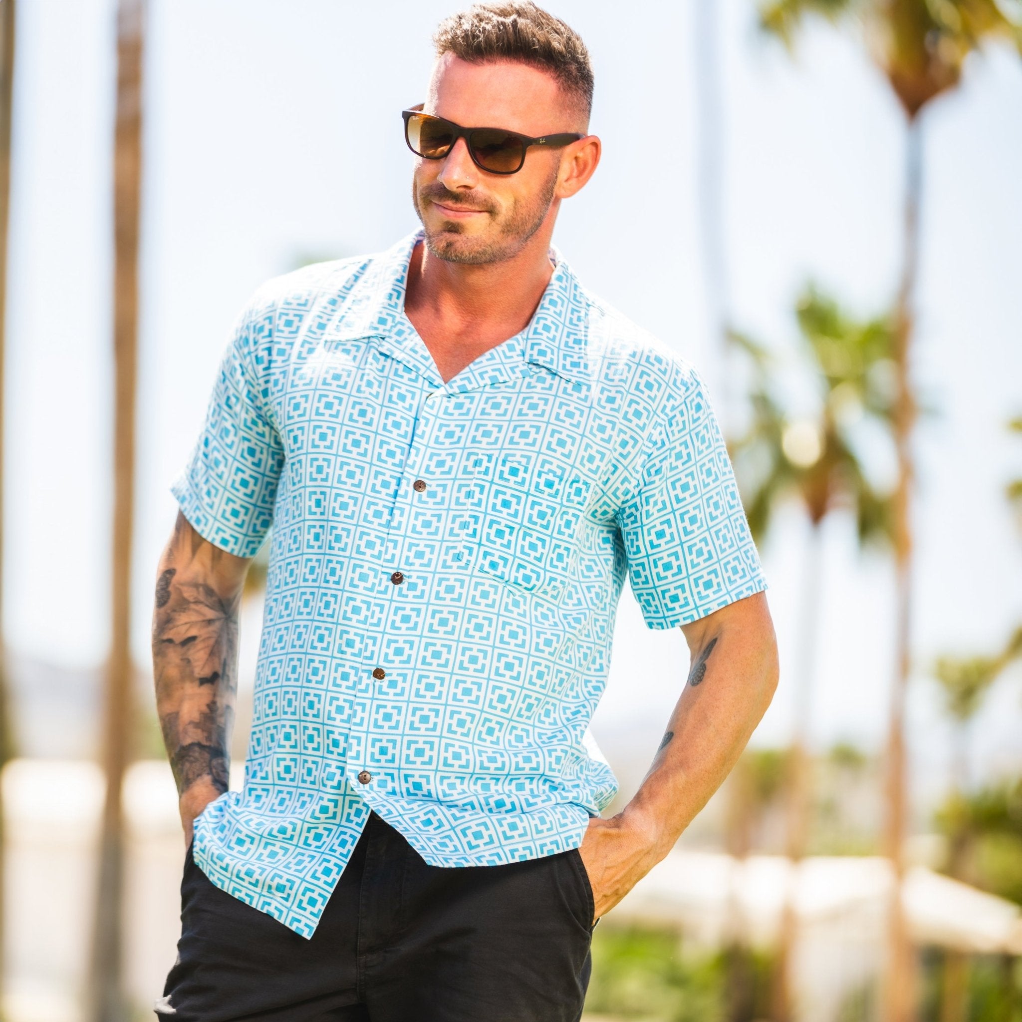 Unisex V-neck Shirt - Palm Springs Retro Martini - Neon Blue – Destination  PSP