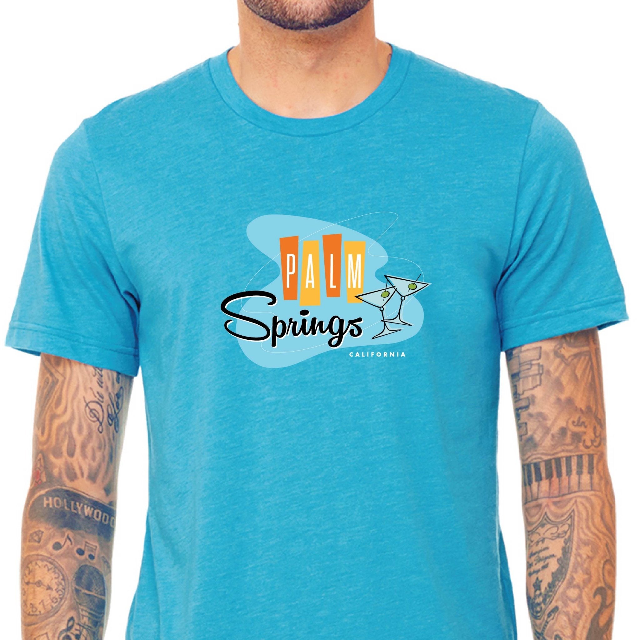 Palm Springs Retro Martini Unisex T-shirt - Neon Blue - Destination PSP