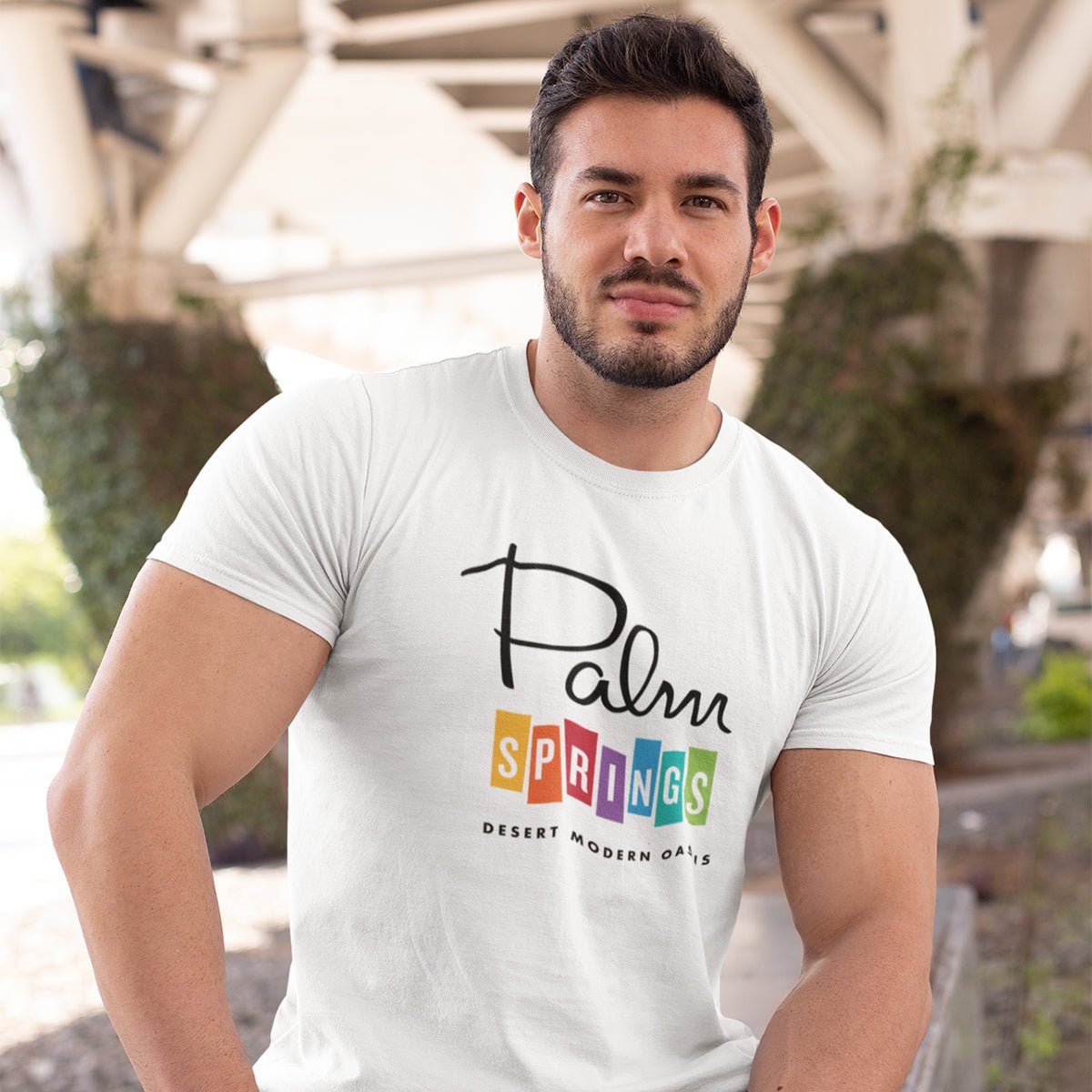 Unisex T-shirt - Palm Springs Rainbow - White - Destination PSP